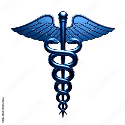 Striking metallic blue caduceus medical symbol with wings and snake isolated on transparent background