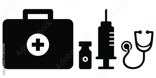 Medical Supplies and First Aid Icon Set — Bandage, Syringe, Vaccine, and Healthcare
 Tools Vector Illustration
