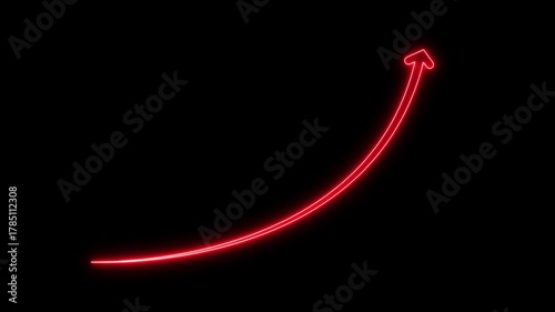Glowing neon red arrow business graph icon animation on black background.Neon profit high growth percent icon, stocks, financial, Interest rate and dividend concept.