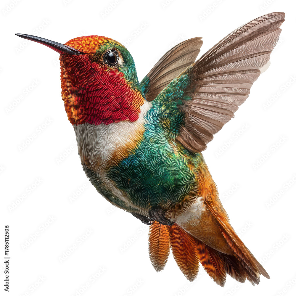 Fototapeta premium Rufous hummingbird spreads its wings in a transparent png, ideal for design stock, the vibrant colors of plumage are clearly visible and makes it visually appealing