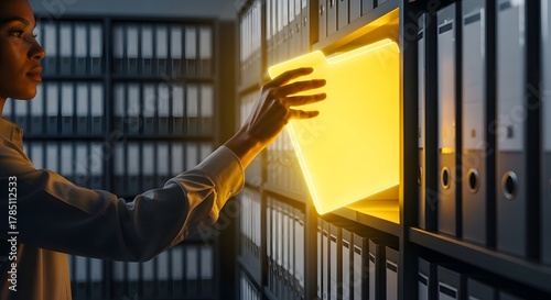 Concept of digital innovation in office organization with futuristic document storage