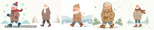 vector of a grandfather walking in a snowy atmosphere