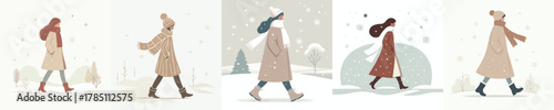 vector of a woman walking in a snowy atmosphere