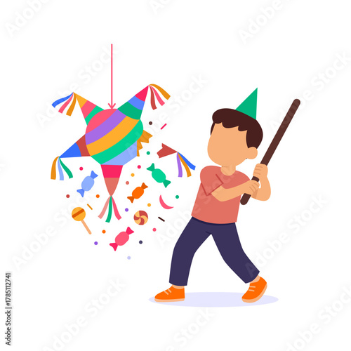 Breaking Pinata, hitting pinata for surprises and treats