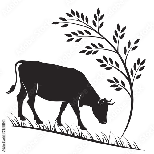 Silhouette of cow grazing near tree farm animal rural nature vector illustration