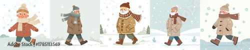 vector of a grandfather walking in a snowy atmosphere
