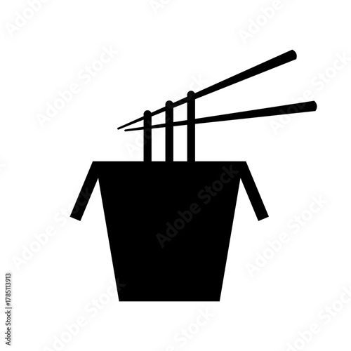 Noodles in box with chopsticks icon. Fastfood wok with spices and hot broth for snack or hearty lunch
