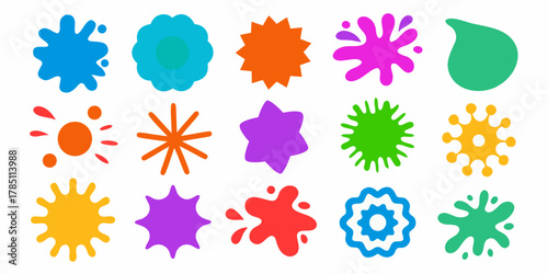 Collection of colorful abstract shapes and splatters including stars flowers and bursts on a white background