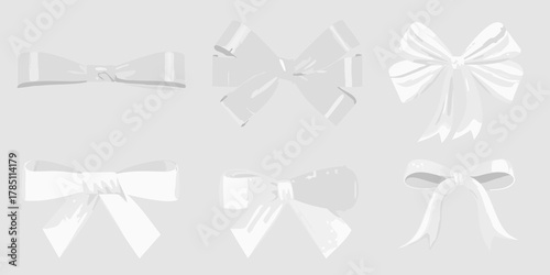 Collection of six different white satin ribbon bows on a light gray background