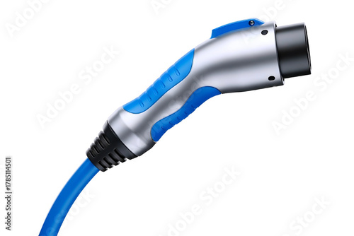 Modern electric vehicle charging plug with blue and silver accents isolated on transparent background