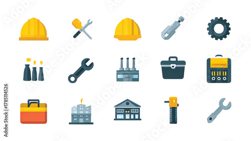 Flat Industrial Equipment and Construction Icons