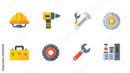 Industrial Tools, Gear, and Safety Helmet Icons