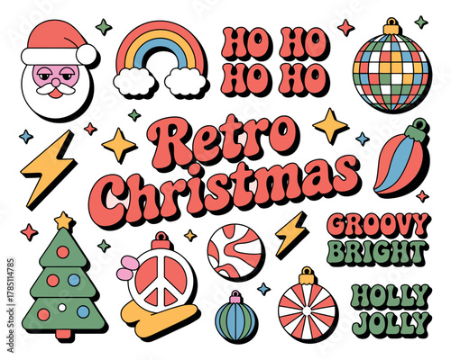 Retro Christmas graphics with Santa, tree, ornaments, and rainbow.