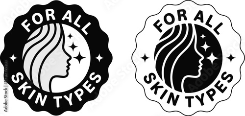 Monochrome cosmetic seal logo with a female silhouette, star sparkles, and the text For All Skin Types symbolizing universal dermatological suitability.