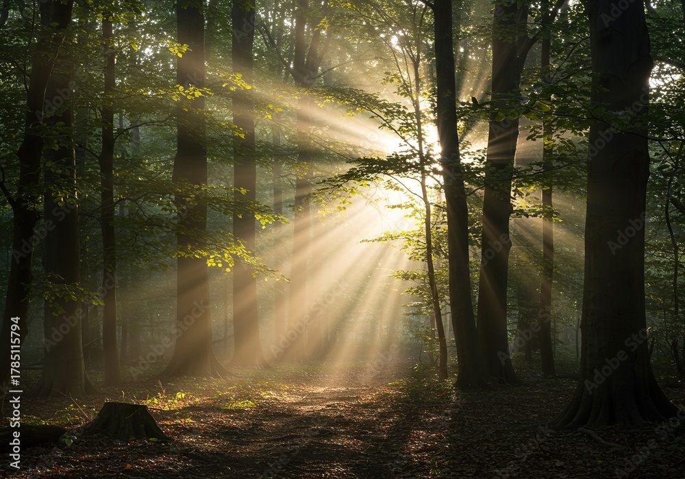 Fototapeta premium Sunlight filters through tall trees in an ancient, tranquil forest, creating a serene and mystical atmosphere with dappled light ,natural resources ,branches ,nature