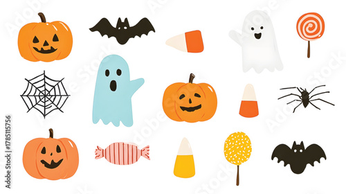 Flat Halloween Icons of Pumpkins and Ghosts