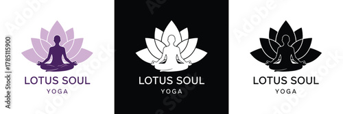 Three Lotus Soul Yoga logos with meditation and lotus flower icons in purple, white, and black themes, ideal for branding.