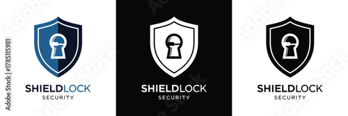 Three variations of ShieldLock security logo featuring different color schemes: blue, white, and black backgrounds. Ideal for branding.
