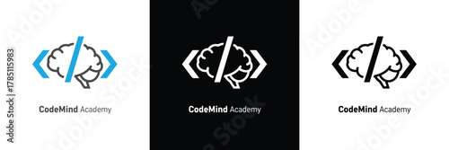 Logo for Coding Mind Academy featuring a brain with code brackets, symbolizing programming education and tech learning.