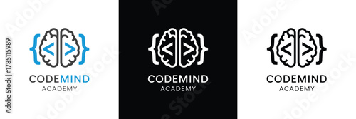 Three variations of the CodeMind Academy logo featuring a brain and code brackets in blue, white, and black color schemes.