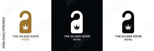 Three elegant door hangers featuring 'The Gilded Door Hotels' logo in gold, black, and white color schemes for luxury branding.