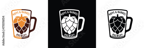 Three stylized beer mugs featuring hops designs in distinct color schemes: orange, black, and white. Perfect for branding.
