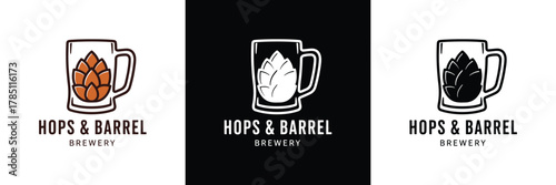 Three logo designs showcasing mugs with hops for a brewery or beer brand, each in different color schemes.