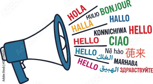 Megaphone broadcasting Hello in multiple languages representing global communication and internation