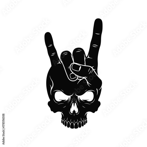 Black skull with rock and roll hand gesture symbol on white background