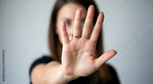 Focused Gesture: A person, with outstretched palm and raised fingers, exudes an aura of intent, commanding attention and setting boundaries.