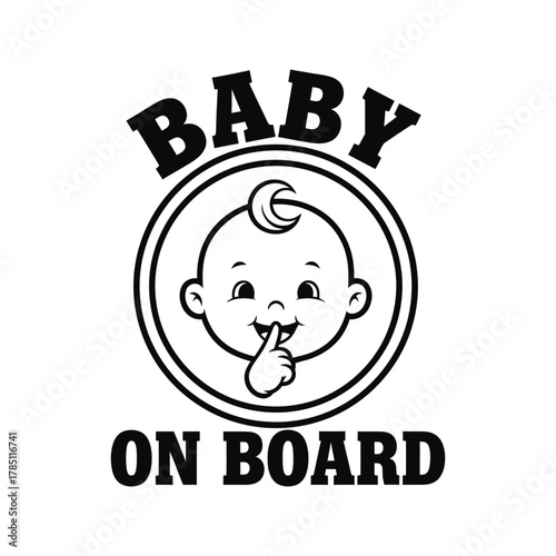 Cute baby on board car sticker with shushing gesture and crescent moon hairstyle