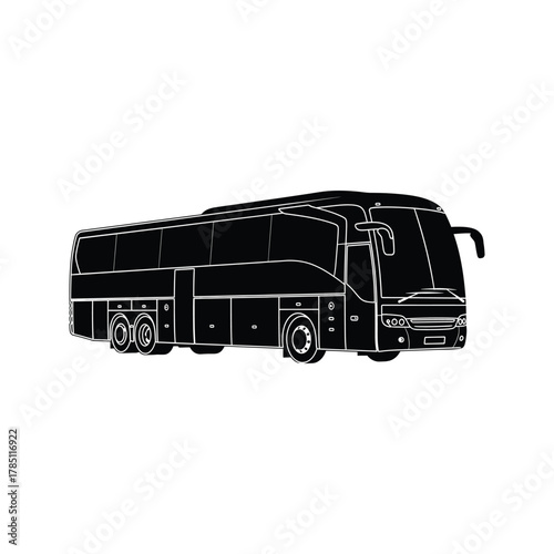 Modern black and white silhouette of a long distance passenger bus with multiple windows and wheels