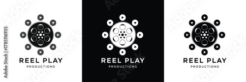 Three distinct Reel Play logo variations featuring geometric patterns, monochrome themes, and sleek typography for branding.