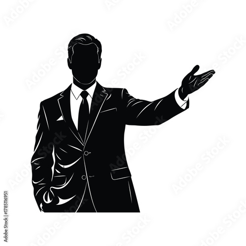 Silhouette of a businessman in a suit with one hand extended in a welcoming gesture and the other in his pocket