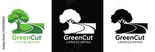 Three variations of GreenCut Landscaping logo featuring a tree and road design in green, white, and black color schemes.