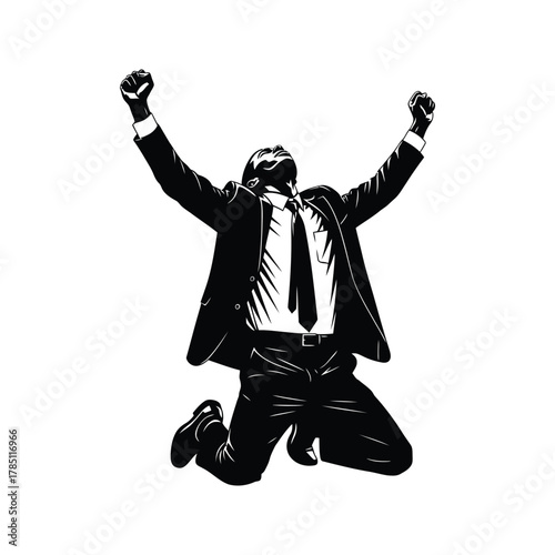 Silhouette of a businessman on his knees with arms raised in triumph and celebration against a white background