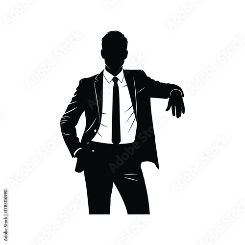 Silhouette of a confident businessman in a suit and tie leaning casually against an invisible surface