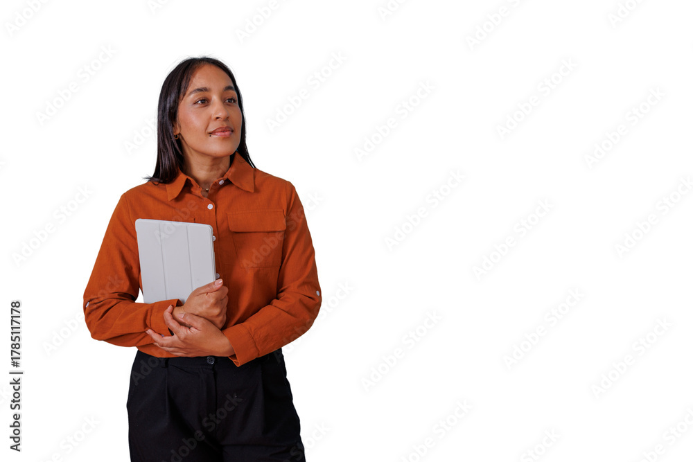 Fototapeta premium Confident young business woman holding a digital tablet with copy space for technology and professional concepts