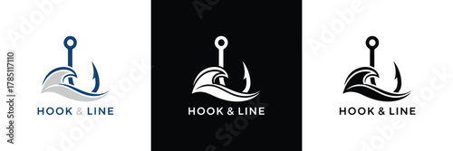 Three variations of Hook & Line logo featuring anchor and fish, in black, white, and monochrome designs for branding.
