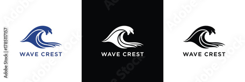 Three variations of the Wave Crest logo featuring a stylized wave design in blue, white, and black monochrome themes for branding.