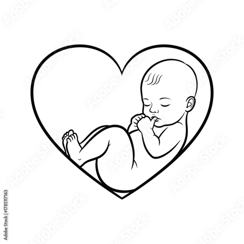 Stylized black and white illustration of a sleeping baby fetus curled inside a heart shape