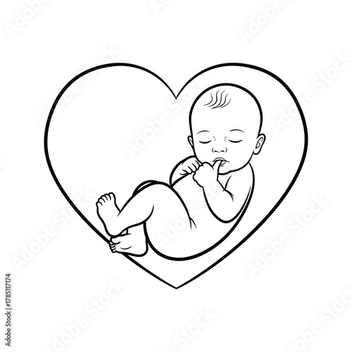 Stylized black and white line art of a newborn baby peacefully sleeping inside a heart outline