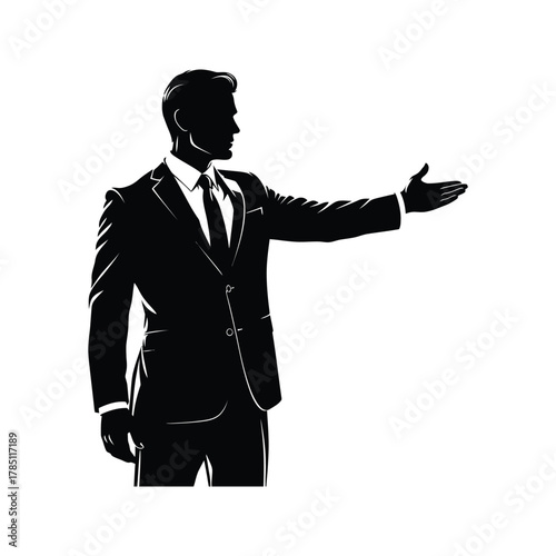 Silhouette of a businessman in a suit extending his hand in a welcoming gesture against a light background