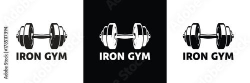 Three variations of Iron Gym logo featuring dumbbell designs in black and white for fitness and gym branding needs.