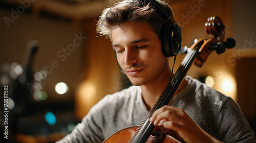 Cellist rehearsing with wireless headphones in modern studio, classical meets technology, practice session, with copy space