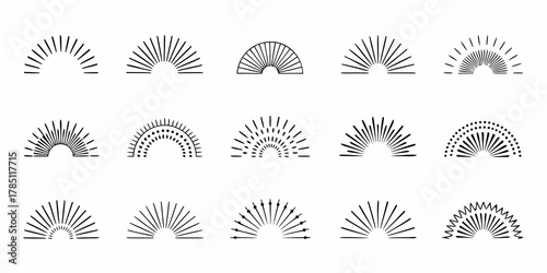 Collection of diverse hand drawn sunburst and semicircle graphic design elements in black and white