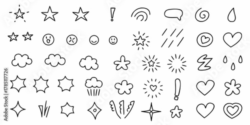 Collection of hand drawn doodle icons featuring stars clouds hearts smiles and weather elements