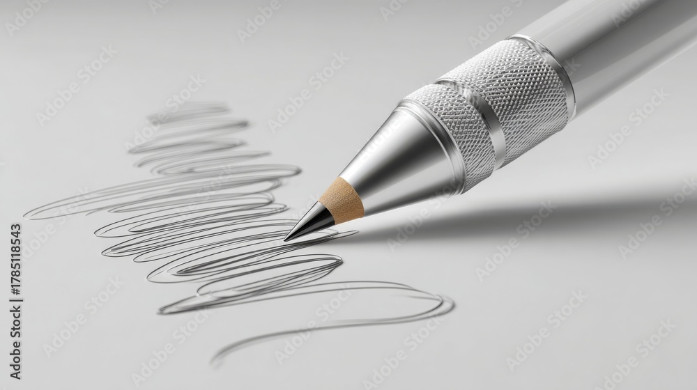 Fototapeta premium Professional mechanical pencil creating dynamic swirling lines on clean white paper, perfect for design and art projects