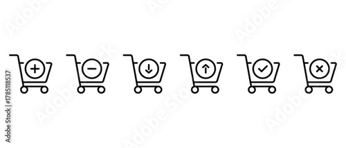 Simple shopping cart icon. Web store shopping cart icon. Full, cekin, empty, cekout and cancel shopping cart symbol, shop and sale, vector illustration. editable stroke.