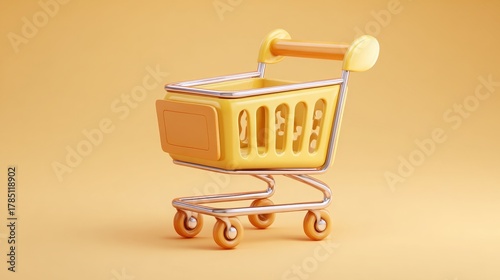 Charming yellow shopping cart on a soft orange background evokes a sense of playful consumerism and retail possibilities